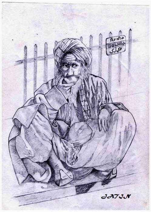 Pencil Sketch Of A Old Man At Delhi - DesiPainters.com