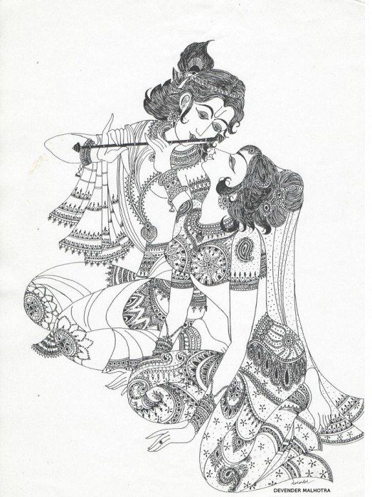Sketch Of Lord Krishna And Radha - DesiPainters.com
