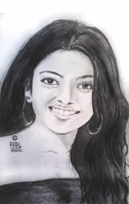 Watercolor Painting Of Actress Kajal Aggarwal - DesiPainters.com