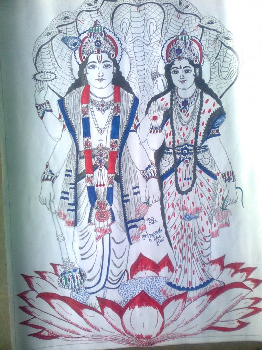 Painting Of Vishnu and Lakshmi - DesiPainters.com