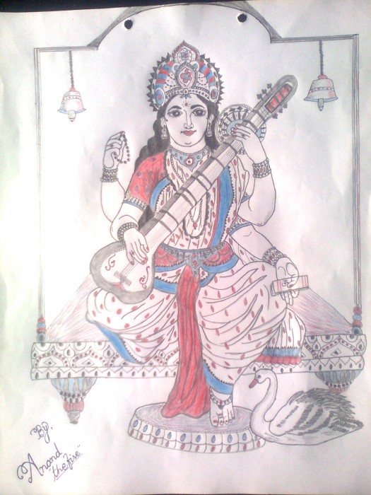 Ink Painting Of Saraswati Mata - DesiPainters.com