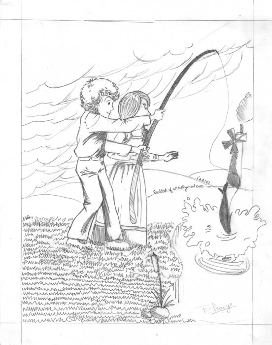 Sketch Of A Boy & A Girl Fishing - DesiPainters.com