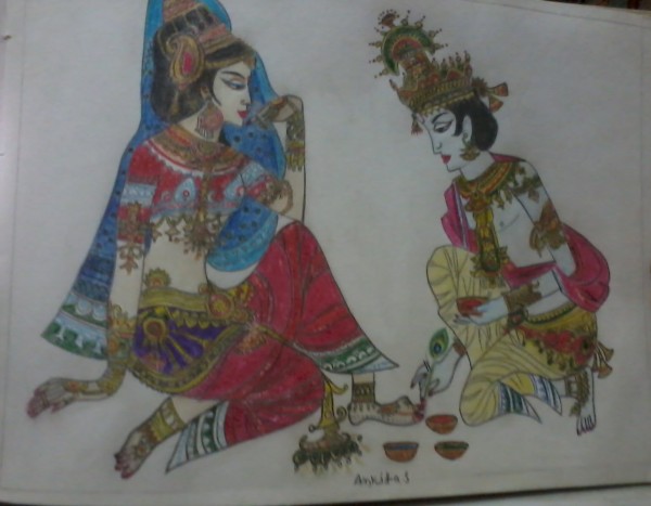 Pencil Colors Painting Of Radha Krishan Ji - DesiPainters.com
