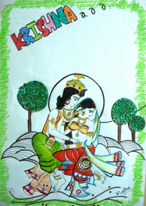 Crayon Painting Of Radha Krishan Ji