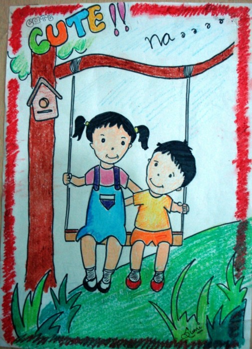 Crayon Painting Of Two Cute Kids - DesiPainters.com