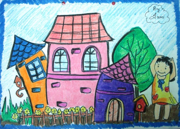 Crayon Painting Of A Sweet Home - DesiPainters.com