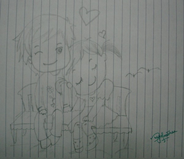 Pencil Sketch Of A Little Love Couple - DesiPainters.com