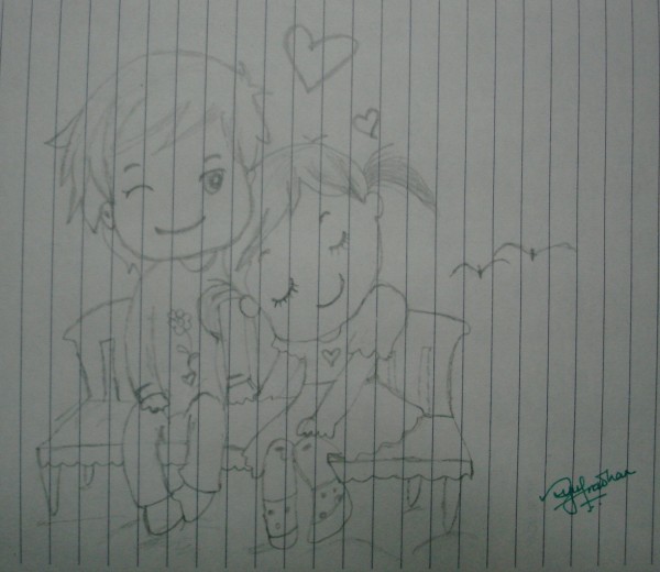 Pencil Sketch Of A Little Love Couple - DesiPainters.com