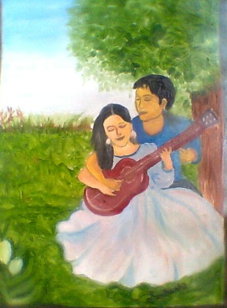 Oil Painting Of A Guitar Teaching Couple - DesiPainters.com