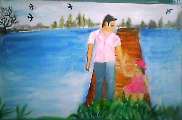 Watercolor Painting Of A Father & His Daughter - DesiPainters.com