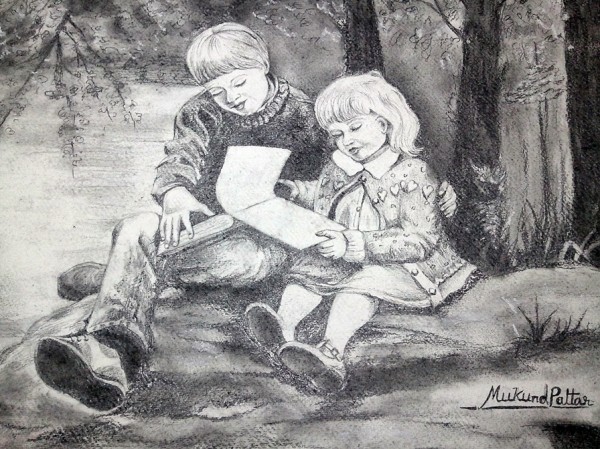 Pencil Sketch Of Two Reading Kids - DesiPainters.com