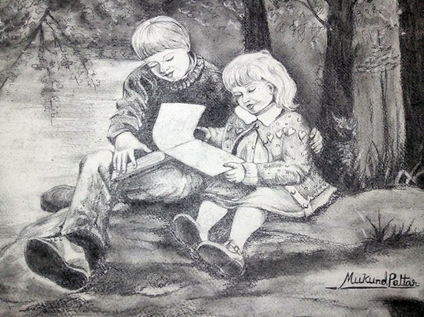 Pencil Sketch Of Two Reading Kids - DesiPainters.com