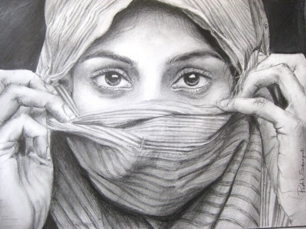 Sketch Of An Indian Girl With Covered Face - DesiPainters.com