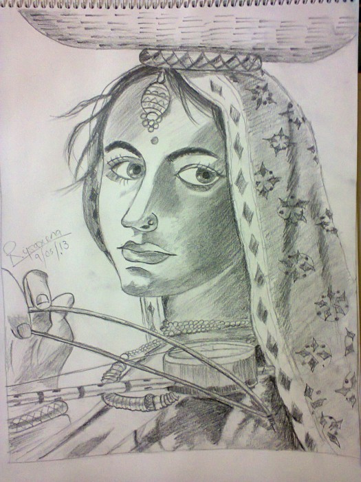 Pencil Sketch Of A Rajasthani Lady - DesiPainters.com