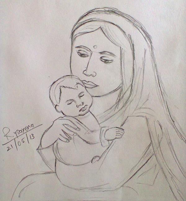 Pencil Sketch Of A Mother and Child - DesiPainters.com