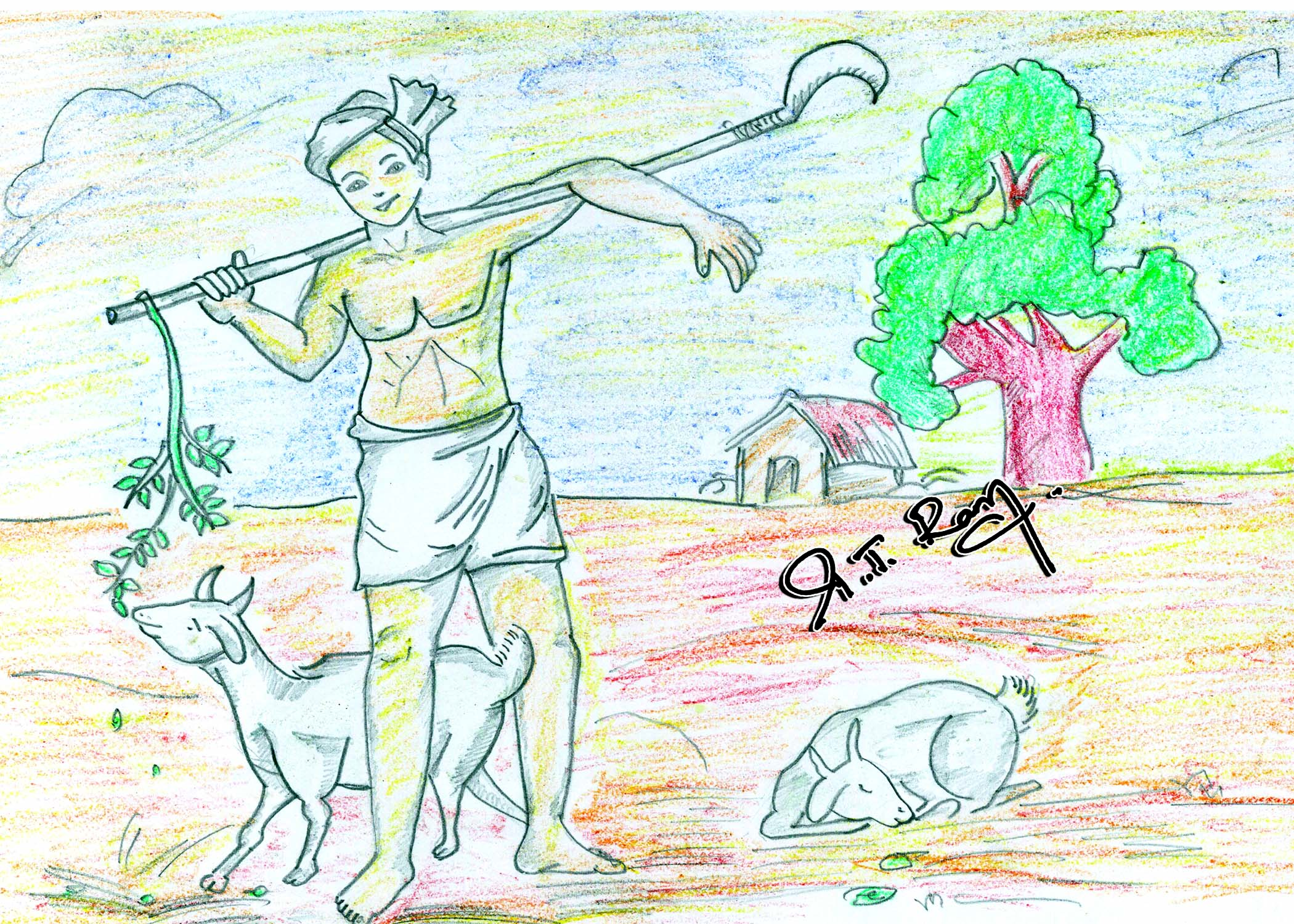 Gokarna village, karnataka state, india. travel sketch. men standing wall  mural • murals vector, wall, grimy | myloview.com