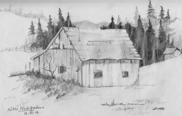 Pencil Sketch Of A Hut - DesiPainters.com