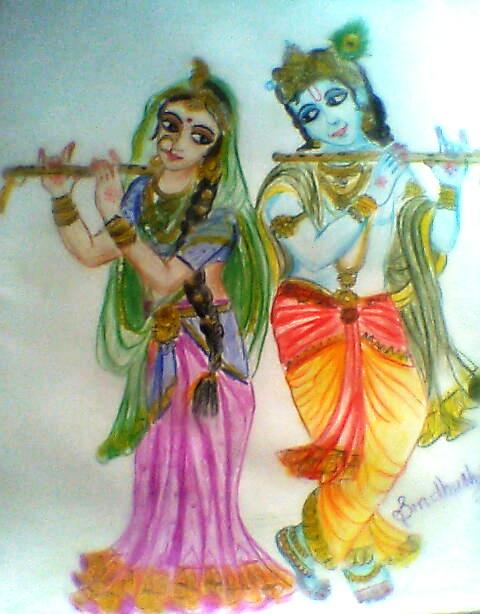 Watercolor Painting Of Radha Krishna - DesiPainters.com
