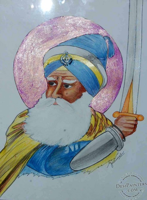 Watercolor Painting of Baba Deep Singh Ji - DesiPainters.com