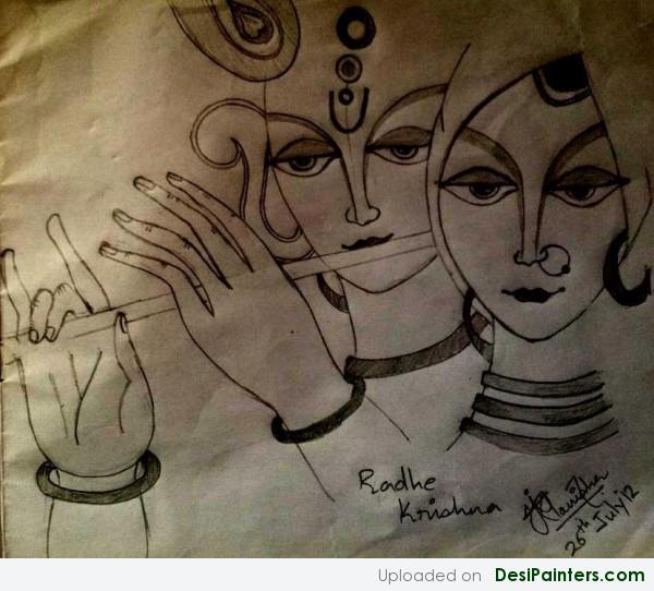 Sketch Of God Krishna and Radha - DesiPainters.com
