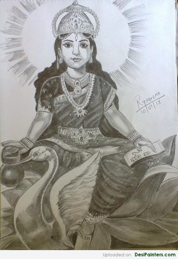 Pencil Sketch Of Goddess Gayatri - DesiPainters.com