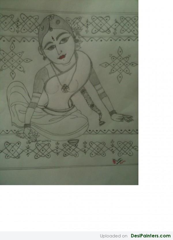 Sketch Of A Girl Making Rangoli