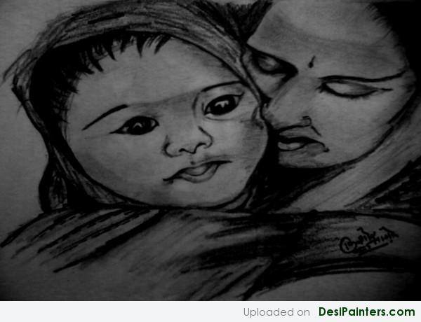 Charcoal Sketch Of A Mother With Baby - DesiPainters.com