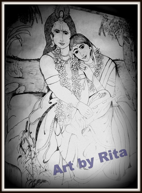 Pencil Sketch Of God Krishna and Radha