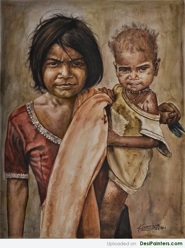 Watercolor Painting Of Poors By Kanaiya