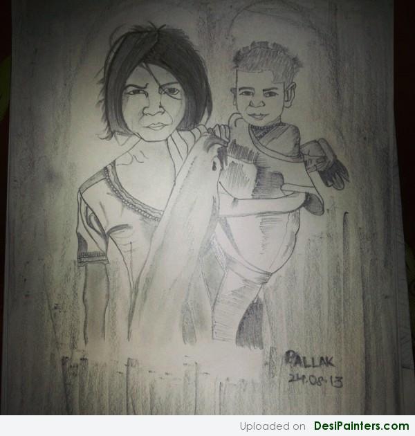 Pencil Sketch Of A Poor Girl and A Child - DesiPainters.com
