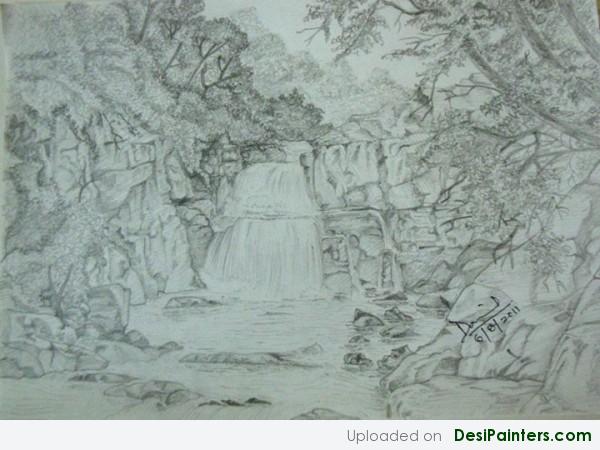 Pencil Sketch Of Waterfall By Daniel Robert - DesiPainters.com