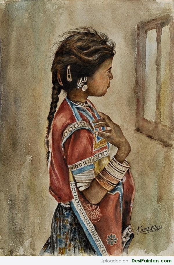Watercolor Painting Of A Villager Girl - DesiPainters.com