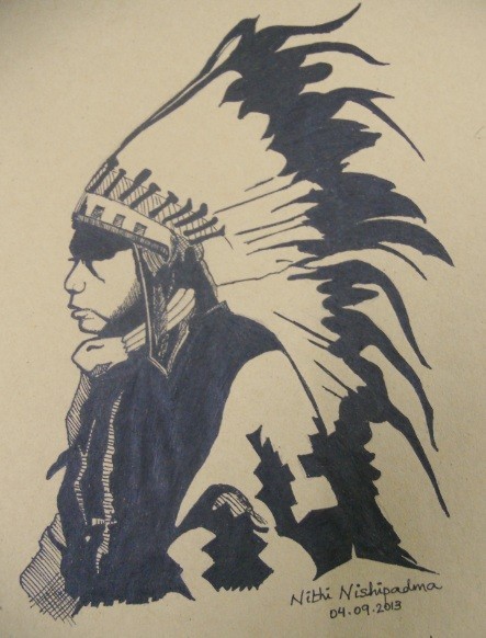Indian Ink Painting Of An Indian Tribe Man - DesiPainters.com