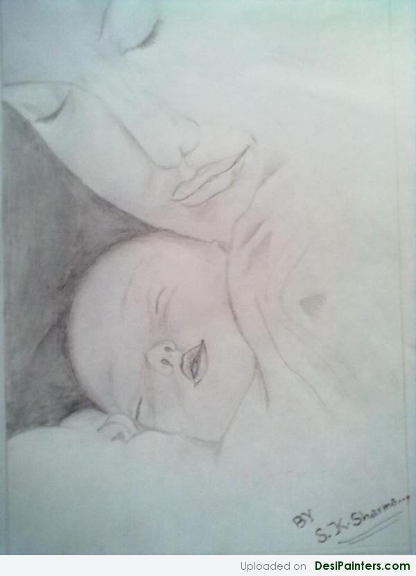 Pencil Sketch Of A Mother and Baby