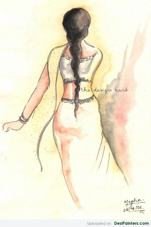 Watercolor Painting Of A Girl From Back