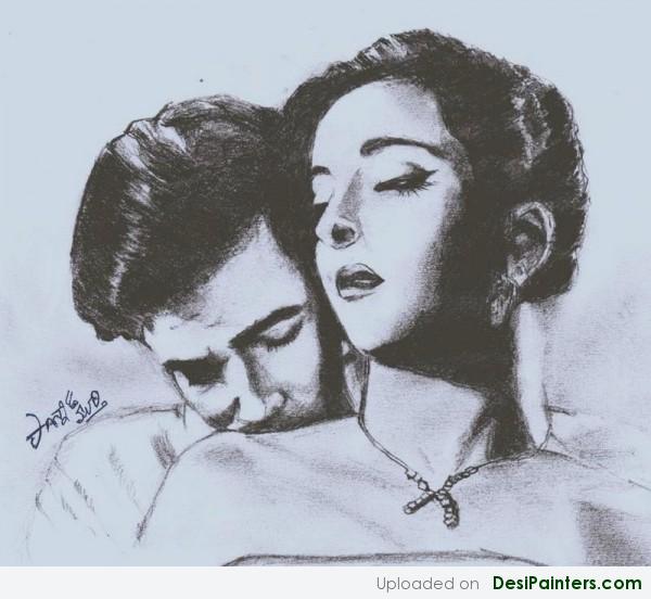 Charcoal Painting Of Rajkapur and Nargis