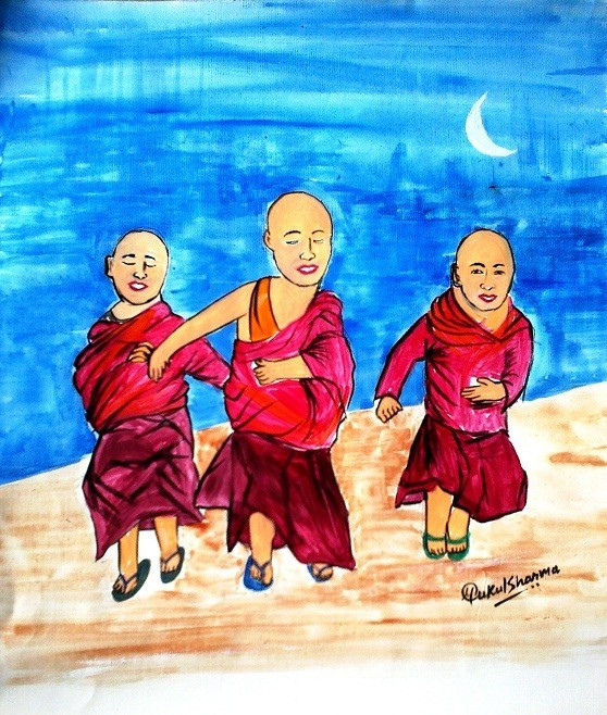 Watercolor Painting Of The Dancing Buddhas - DesiPainters.com