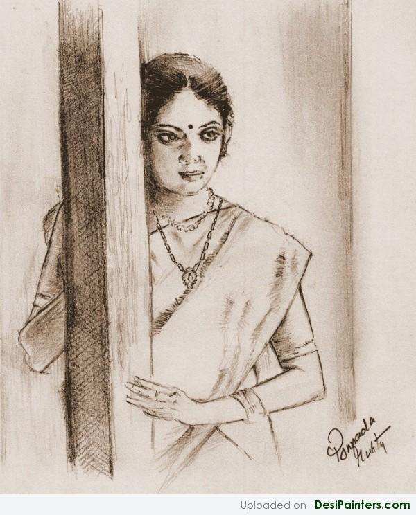 Pencil Sketch Of A Waiting Woman - DesiPainters.com