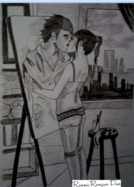 Pencil Sketch Of A Kissing Couple - DesiPainters.com