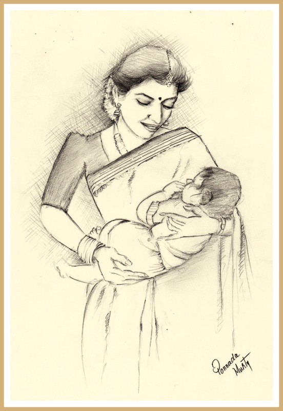 Pencil Sketch Of Mother and Baby - DesiPainters.com