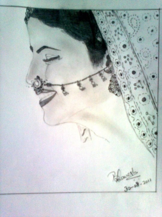 Pencil Sketch Of Smiling Indian Bride