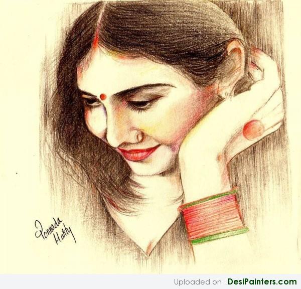 Indian Beauty – Pencil Color Drawing - DesiPainters.com