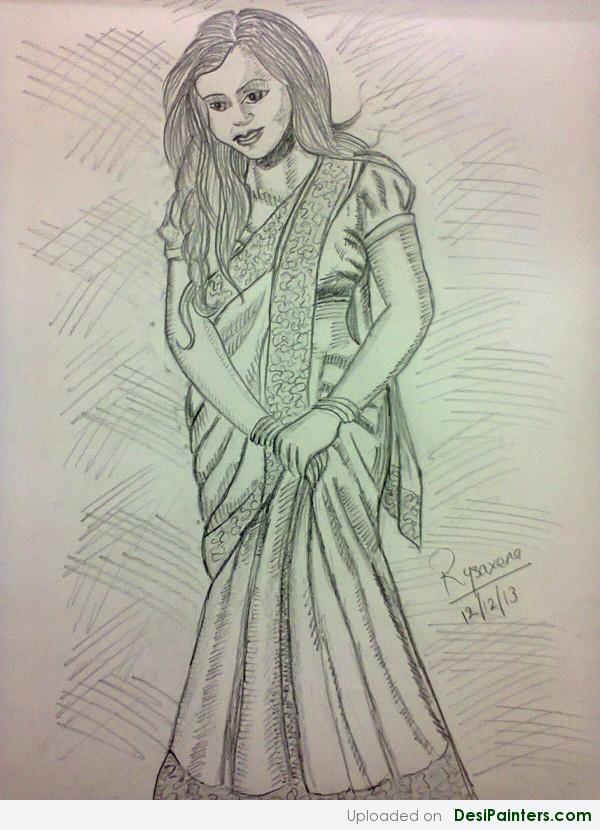 Pencil Sketch Of An Indian Girl In Saree - DesiPainters.com