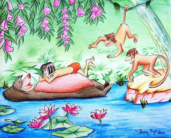 Watercolor Painting Of Jungle Book - DesiPainters.com
