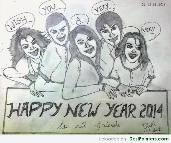 Sketch Of Friends With New Year Wishes - DesiPainters.com