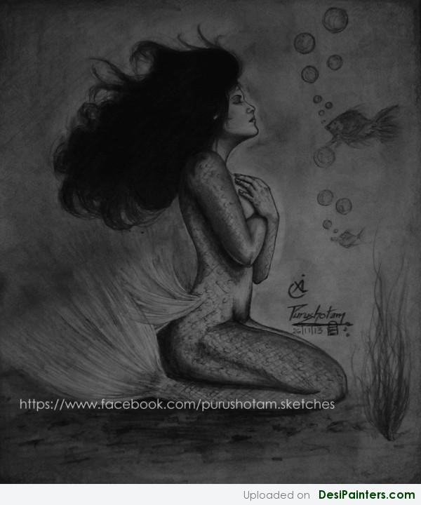 Pencil Sketch of Mermaid or Machakanya - DesiPainters.com