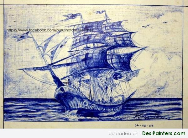 Pen Sketch – Ship in Sea - DesiPainters.com