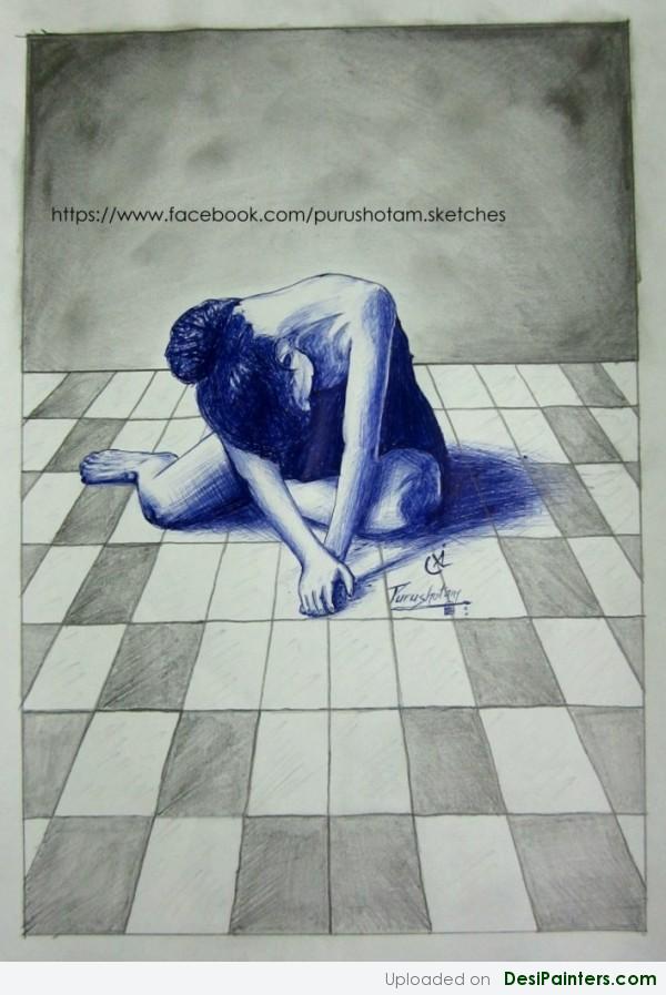 Ink Painting Sad and Frustrated Girl - DesiPainters.com
