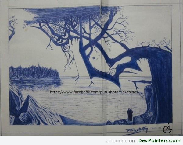 Blue Ink Painting - Baby Foetus Scenery Illusion 