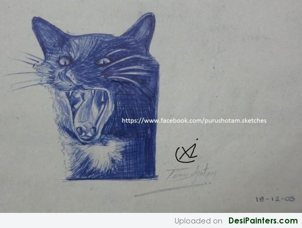 Blue Ink Painting- Angry Cat - DesiPainters.com